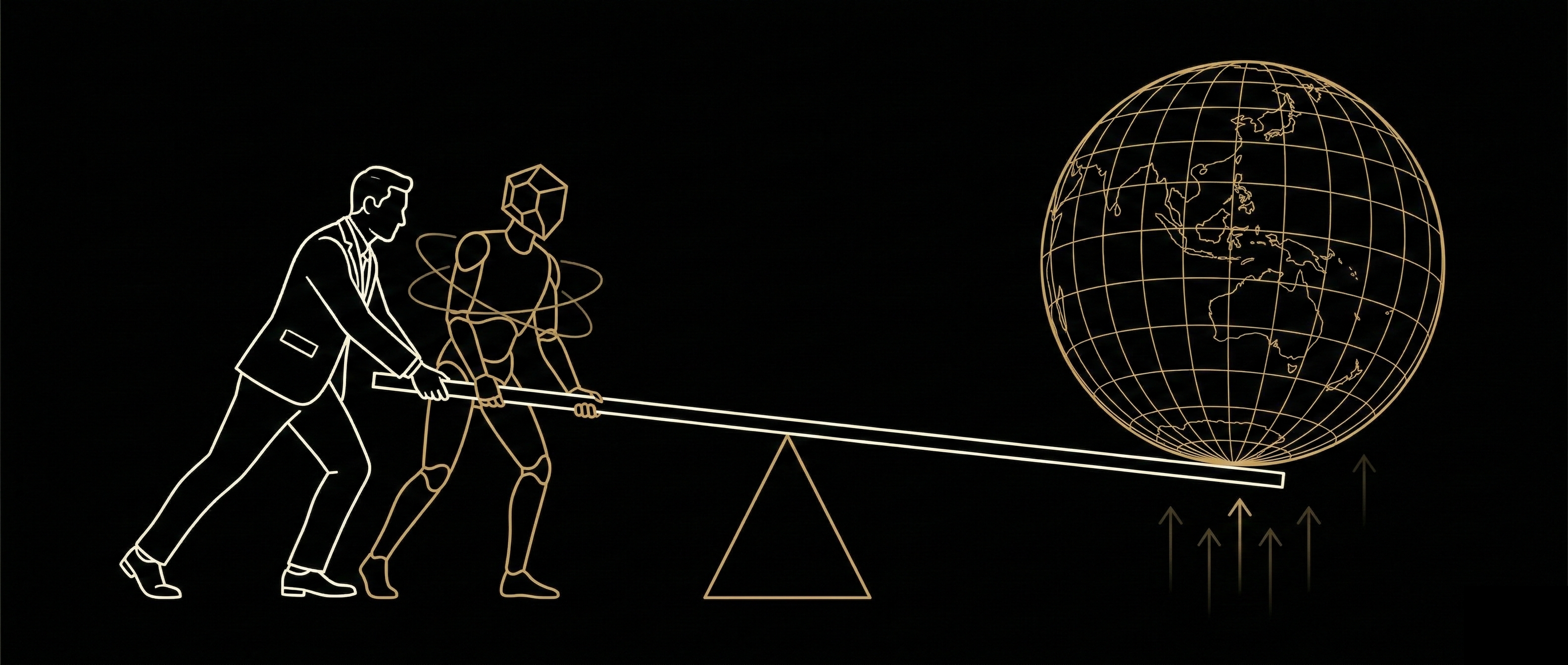 The Agentic Advantage — a human in a business suit and a stylised AI agent working together to lever the world upward